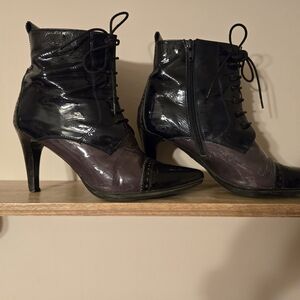 Hispanita Joy Patent Stiletto Boots In Black, Grey And Blue